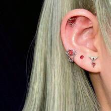 1pc Gothic Style Red Zirconia Demon Bat Cross Stud Earrings, Suitable For Men And Women, Personalized, Cool Party Jewelry, Cosplay, Valentine's Day Gift, Halloween Gift - Multicolor - View 2