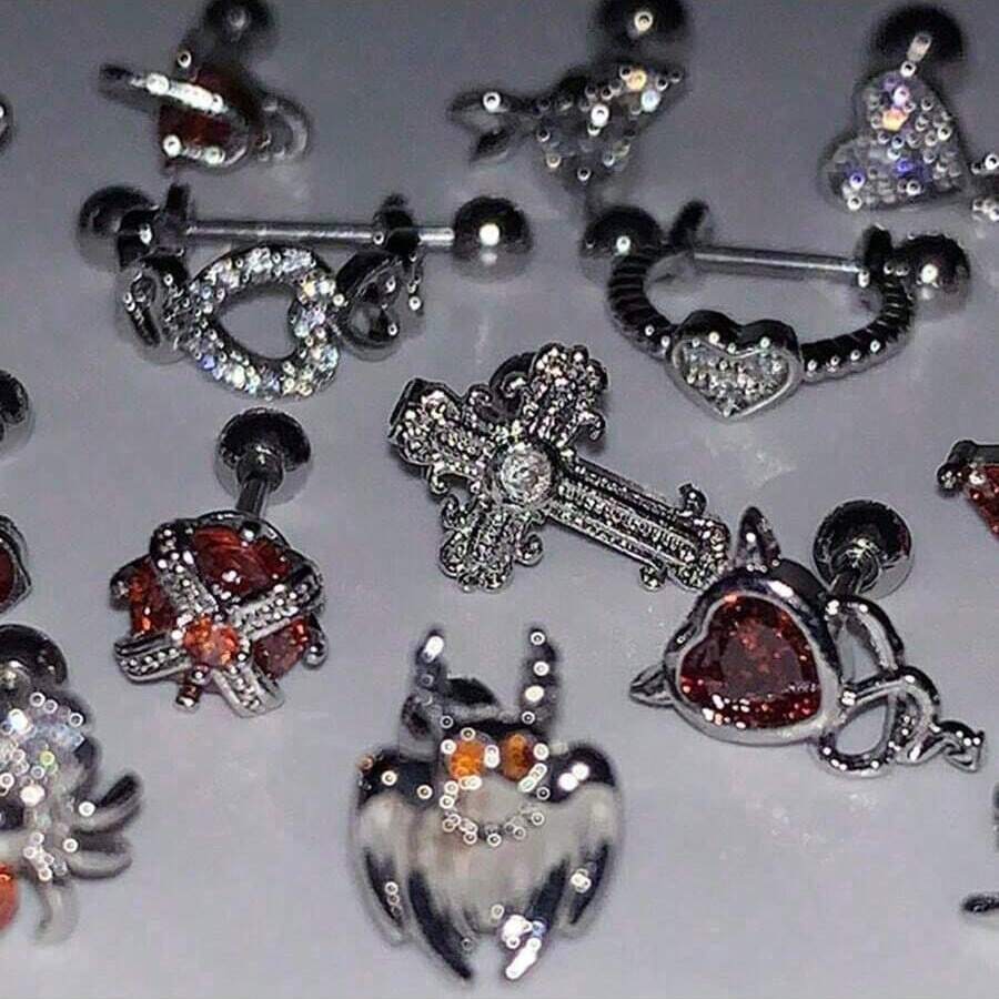 1pc Gothic Style Red Zirconia Demon Bat Cross Stud Earrings, Suitable For Men And Women, Personalized, Cool Party Jewelry, Cosplay, Valentine's Day Gift, Halloween Gift - Multicolor - View 1