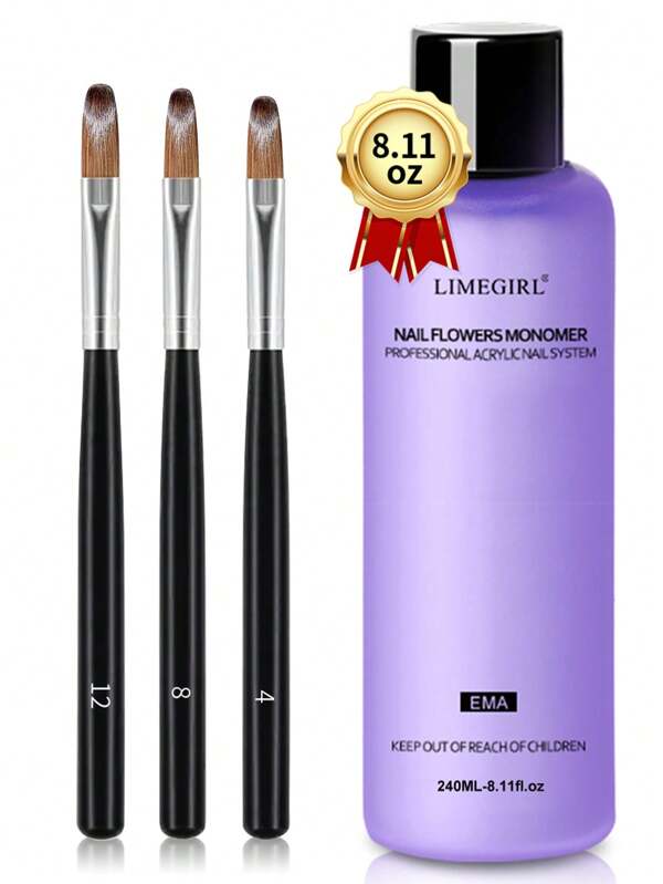 Liquide pour ongles en acrylique individuel - 240 ml de liquide acrylique avec 3 pinceaux acryliques, tailles 4/8/12 , convient à la poudre acrylique, solution pour ongles en acrylique non jaunissante, adaptée aux salons de manucure à domicile