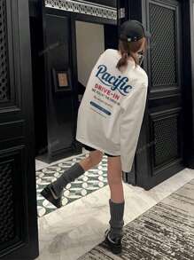 Dames Casual Letter Print Ronde Hals Oversized Schattig Los T-shirt Top met Lange Mouwen, Herfst/Winter
