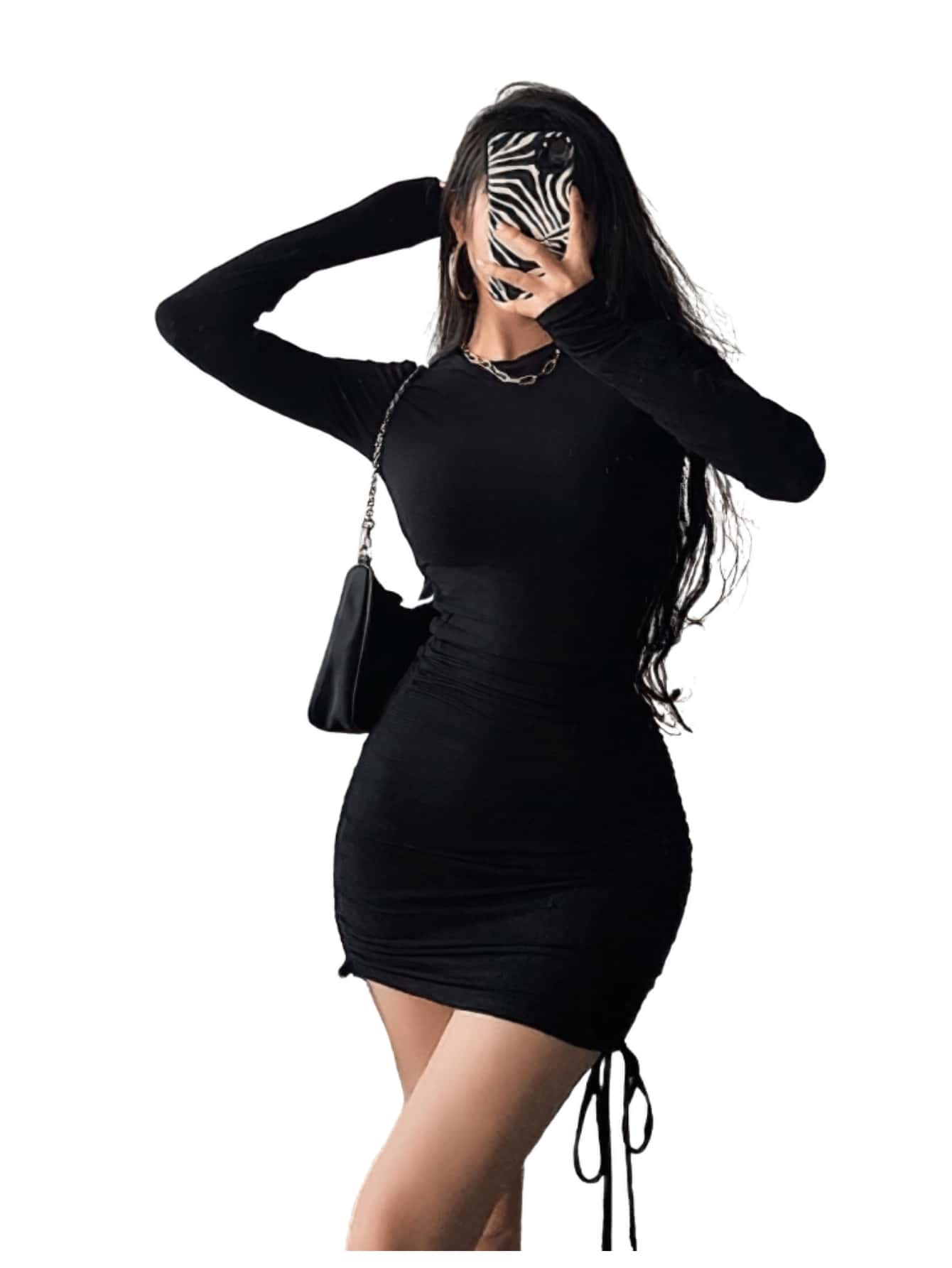 Vestido mujer corto ajustado  jareta cintas corrugado manga Larga cuello redondo casual Negro - Negro - Ver 1