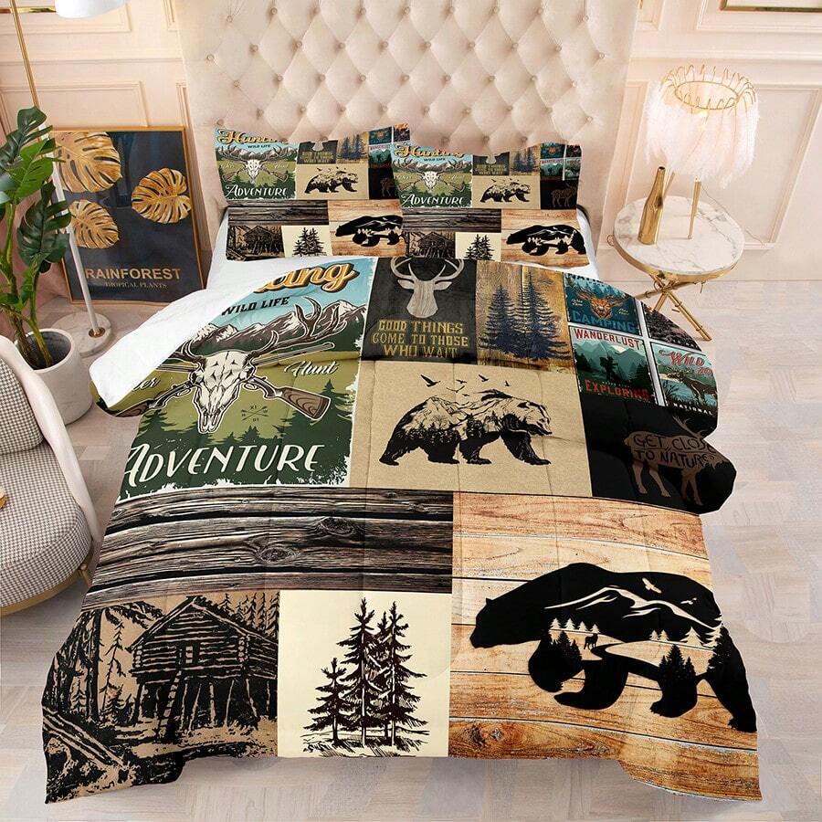 Bedding Twin/Queen Comforter Set For Boys Camo Comforter Set Hunting Bedding Set For Kids,Western Rustic Geometric Bedding Set - Khaki - View 1