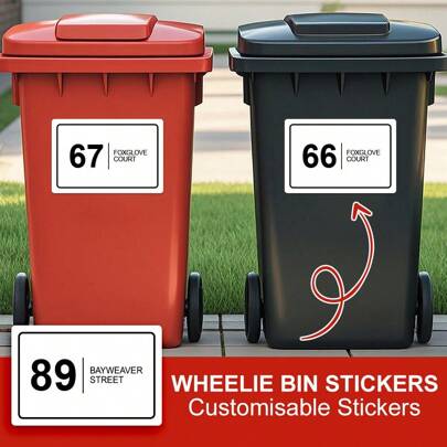 Personalised Wheelie Bin Stickers For House Numbers And Addresses-Customisable Garbage And Recycling Bin Labels For Homes And Commercial Spaces-Weather-Resistant And UV-Proof Stickers For Clear Identification-Ideal For Neighbours, Office Buildings, And Shared Outdoor Areas-Add Your Custom Address Or Number For Effortless Bin Management