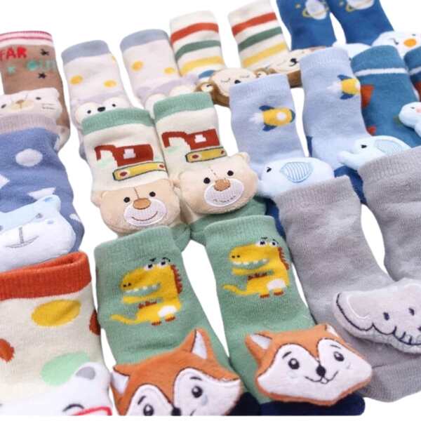 Kit 2 Pares de Meias Infantil Bebê Pantufa 3D Bichinho Meia Recém Nascido/Menina/Menino RN