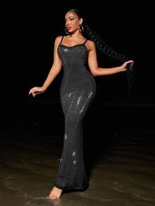 网眼闪亮水钻无袖方领紧身派对细肩带吊带连衣裙