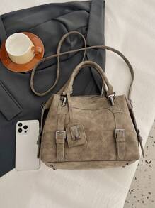 新款复古PU皮女士手提包，时尚拉链单肩包，配可拆卸肩带，女士工作旅行二合一包，灰色、黑色、绿色