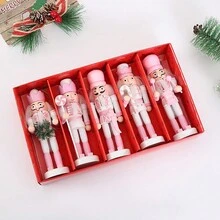 5pcs Exquisite Wooden Nutcracker Figurine - Pink And White Soldier With Candy Cane, Intricately Crafted For Festive Christmas Tabletop Decor, Traditional Holiday Ornament, And Unique Home Accent - Perfect For Indoor Display, New Year Party Favors Gift