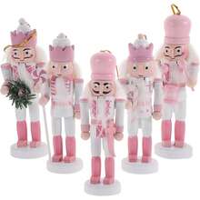 5pcs Exquisite Wooden Nutcracker Figurine - Pink And White Soldier With Candy Cane, Intricately Crafted For Festive Christmas Tabletop Decor, Traditional Holiday Ornament, And Unique Home Accent - Perfect For Indoor Display, New Year Party Favors Gift