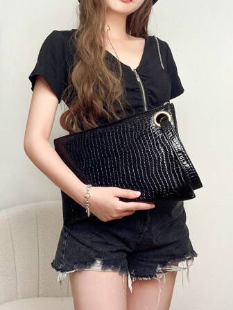 Dammode Krokodil präglad fyrkantig clutchväska för formella tillfällen