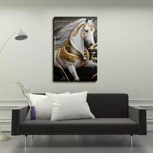 1pc Framed Modern Animal Art Deco Style Print Oil Painting, White Horse In Gold Dress Wall Art, Artwork Wall Painting For Bathroom Bedroom Office Modern Living Room Kitchen Wall Decor Oblong Wall Art - White - View 4