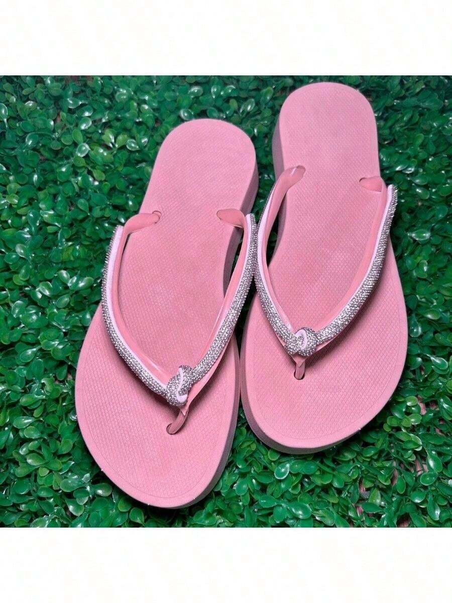 Women's Shiny Flip Flops With Rhinestone Strap, Comfortable Flat Shoes New Release - 淺粉色 - 查看 1