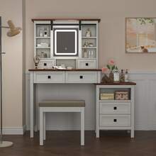 46.5'' Farmhouse Makeup Vanity Desk With Adjustible LED Lighted Mirror And Charging Station For Bedroom, Rustic Dressing Vanity Table With Side Cabinet And Cushioned Stool For Women - 天然木材 - 查看 6