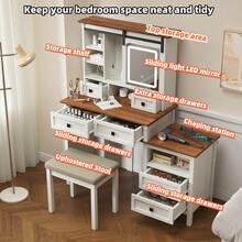 46.5'' Farmhouse Makeup Vanity Desk With Adjustible LED Lighted Mirror And Charging Station For Bedroom, Rustic Dressing Vanity Table With Side Cabinet And Cushioned Stool For Women - 天然木材 - 查看 5