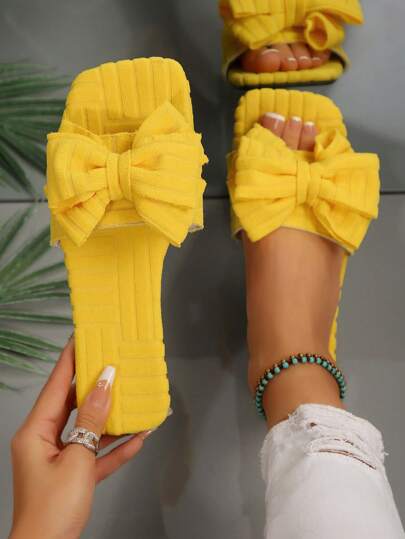 Women's Autumn/Winter European And American Style Southeast Asia Terry Fabric Bow Decor Casual Solid Color Flat Slip-On Open Toe House Slippers