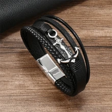 Bracelet mode pour homme , bracelet multi-fonction cool tressé multi-couches avec boucle magnétique à ancre pour homme