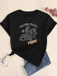 Class Four Rabbit Fight Cotton T-Shirt Premium Print Streetwear Casual Women - 黑色 - 查看 1
