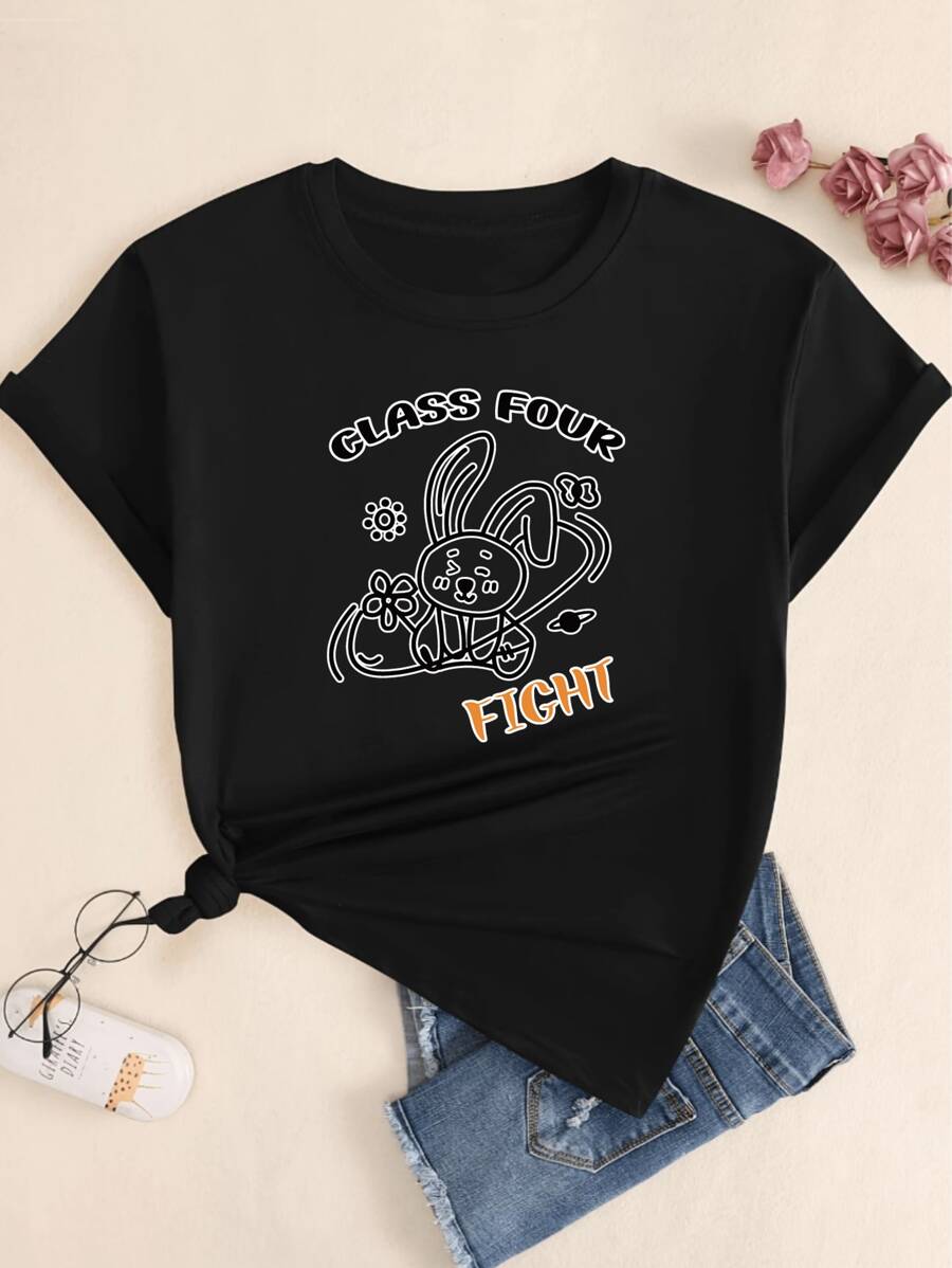 Class Four Rabbit Fight Cotton T-Shirt Premium Print Streetwear Casual Women - 黑色 - 查看 1