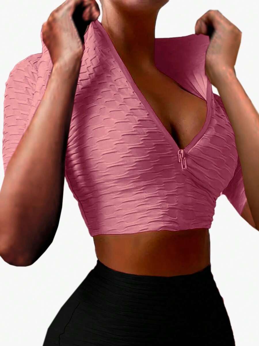 Crop Top Deportivo Licra Texturizada Con Cremallera - Rosa - Ver 1
