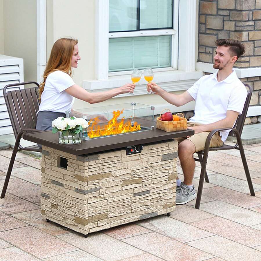 43" Propane Fire Pit Table, 50,000 BTU Faux Stone Fire Pit For Gatherings, CSA Certified Fire Table - 淺黃色 - 查看 1