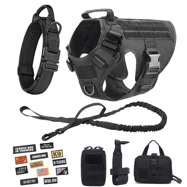 Tactical Dog Harness Set With Adjustable Training Vest, Leash, Collar, 12pcs Patches, Water Bottle Holder And Waist Bag For Small, Medium And Large Dog Breeds - Durable Nylon Fabric With Heavy Duty Metal Buckles