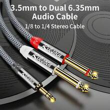 Riksoin Cáp chia 3,5mm 1/8" TRS sang 2 X 6,35mm 1/4"  Mono Y Cáp chia 2 FT Tương thích với Điện thoại, Máy tính xách tay, Đầu CD, Bộ khuếch đại công suất, Bộ trộn, Hệ thống âm thanh nổi tại nhà - Xám - Xem 1