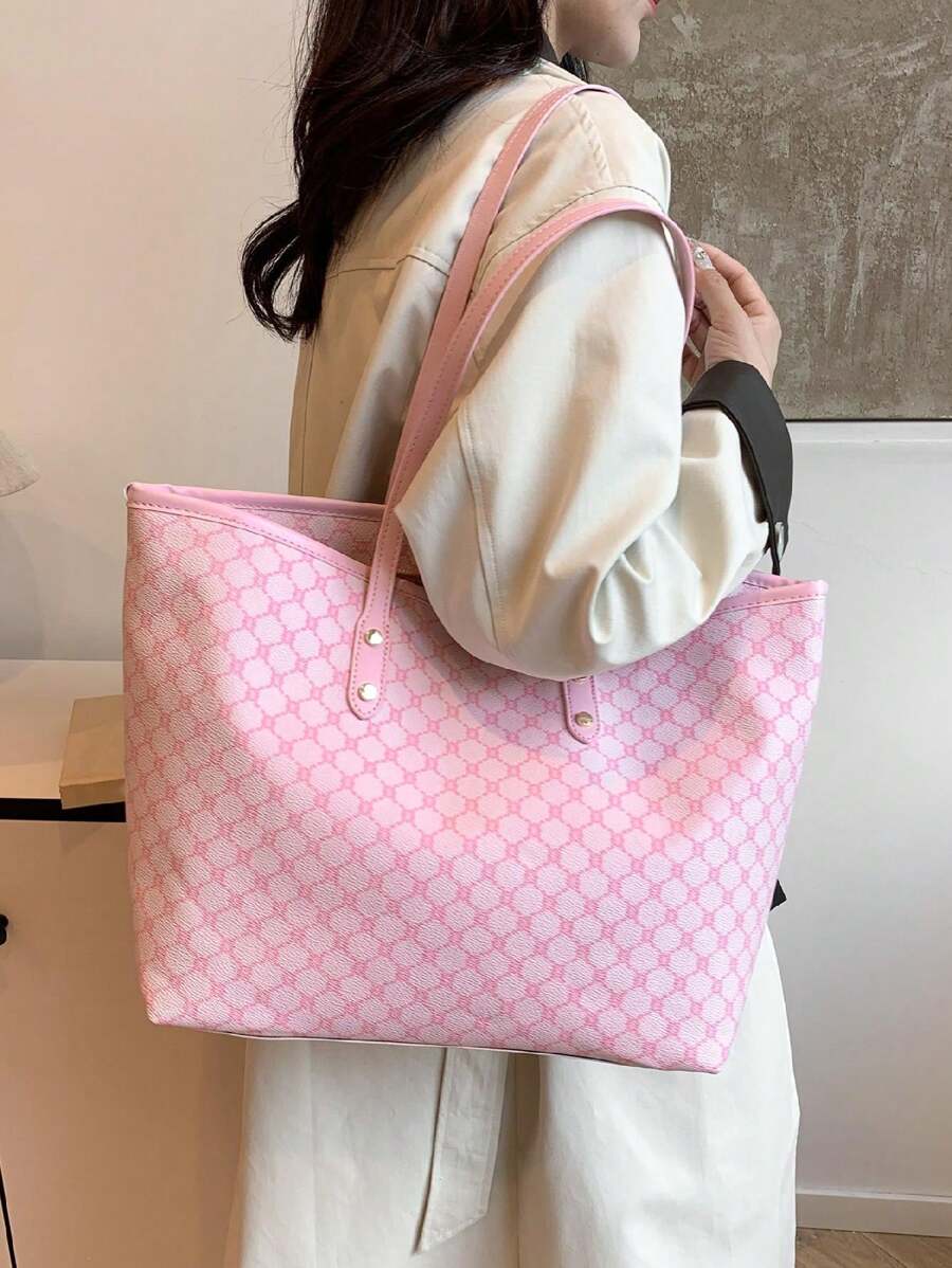 Fashion Versatile Minimalist Geometric Print Luxurious Tote Bag - Pink - View 1
