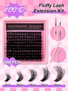 200片D型卷翘蓬松假睫毛嫁接套装，长度8-16毫米混合，包含100片蓬松单根假睫毛，分段式D型卷翘睫毛，套装内含睫毛胶水、封层剂和睫毛嫁接工具，轻松在家DIY睫毛嫁接 - 黑色 - 查看 3