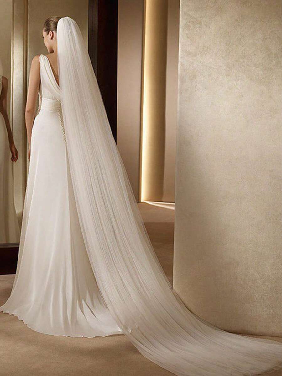 1pc Bridal Lawn Cathedral Length Floor-Length Train Veil, Handmade Double Layer Minimalist Plain Wedding Veil For Bridal Studio Photography Styling