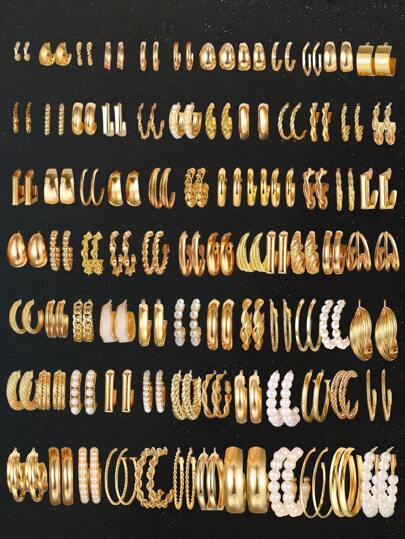 24-48 件简约几何心形与人造珍珠多层女士耳环套装，时尚珠宝礼物，适合生日、旅行、派对、日常休闲和工作