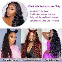 250% Density Brazilian Virgin Human Hair Deep Curly Lace Front Wigs Transparent HD 13x4 Lace Frontal Wigs Deep Wave Human Hair Wigs Remy Pre Plucked Bleached Knots With Baby Hair Natural Color - Natural Black - 查看 10