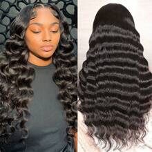 250% Density Brazilian Virgin Human Hair Deep Curly Lace Front Wigs Transparent HD 13x4 Lace Frontal Wigs Deep Wave Human Hair Wigs Remy Pre Plucked Bleached Knots With Baby Hair Natural Color - Natural Black - 查看 2