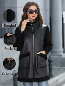 RELISH NOLESS 女士休闲立领拼接面料拉链开衫，秋冬 - 黑色 - 查看 1