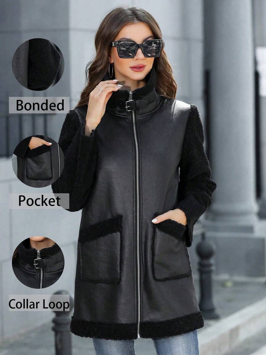 RELISH NOLESS 女士休闲立领拼接面料拉链开衫，秋冬 - 黑色 - 查看 1