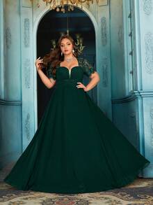 QOQ Váy dạ hội trang trọng cỡ lớn thanh lịch dành cho phụ nữ, thích hợp cho tiệc chiêu đãi, tiệc sinh nhật, tiệc cocktail, lễ hội hóa trang, lễ trao giải, v.v., váy dài voan trơn màu có viền ren. - Màu xanh lá cây đậm - Xem 6