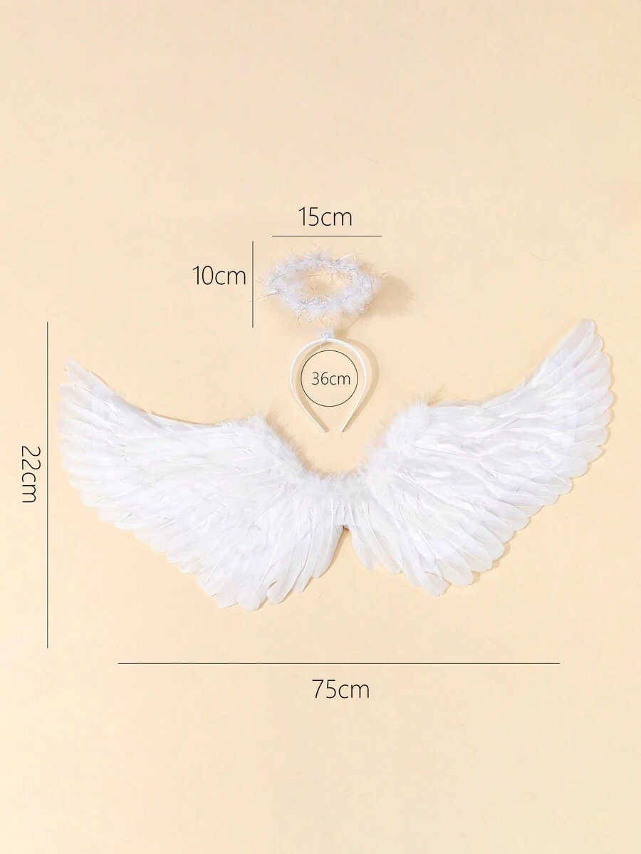 1 set d'accessoires de costume d'ange avec des ailes en plumes élégantes, un serre-tête avec auréole, convient pour Halloween, les fêtes
