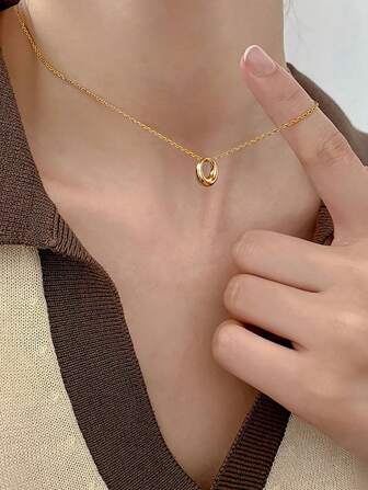 1pc Women Fashion Simple Geometric Hollow Circle Chain Necklace, Suitable For Gift And Daily Use