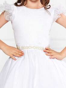 Children's White Glitter Dress Sleeve Godê Round Party Princess Themed Pearl Belt - 白色 - 查看 6