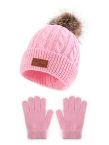 2 件儿童粗针织帽和手套套装、时尚单绒球无檐小便帽、跨境针织帽配人造皮革标签 - 3-6Y - 查看 12