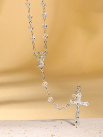 1pc Crystal Christian Catholic Necklace, Virgin Mary Jesus Cross Y-Shaped Long Beads Chains
