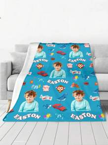 1pc Customized Photo Blanket, Customizable Name, Customizable Image, Personalized Photo And Text, Customizable Sweetheart Blanket, Monkey/Airplane Pattern, Personalized Throw Blanket, Collage Blanket - Style 2 - View 2