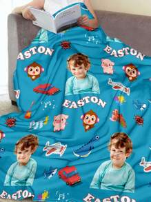 1pc Customized Photo Blanket, Customizable Name, Customizable Image, Personalized Photo And Text, Customizable Sweetheart Blanket, Monkey/Airplane Pattern, Personalized Throw Blanket, Collage Blanket - Style 2 - View 6