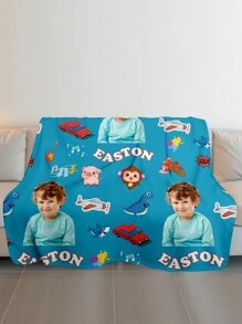 1pc Customized Photo Blanket, Customizable Name, Customizable Image, Personalized Photo And Text, Customizable Sweetheart Blanket, Monkey/Airplane Pattern, Personalized Throw Blanket, Collage Blanket - Style 2 - View 4