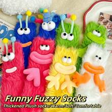 1 Pair Ultra Thick Thermal Lined Socks, Unisex Casual Sports Socks For Winter, Snow Socks, Warm Thermal Mid-Calf Socks, Funny Face Plush Long Tube Slippers Socks, Extra Thick Sleep Socks, Cute Furry Snow Socks, Thick Warm Floor Socks, Fluffy Couple Socks, Adorable Warm Socks, Creative Gift For Family And Friends