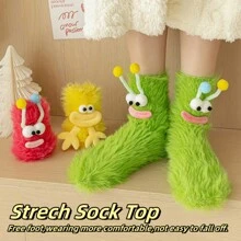 1 Pair Ultra Thick Thermal Lined Socks, Unisex Casual Sports Socks For Winter, Snow Socks, Warm Thermal Mid-Calf Socks, Funny Face Plush Long Tube Slippers Socks, Extra Thick Sleep Socks, Cute Furry Snow Socks, Thick Warm Floor Socks, Fluffy Couple Socks, Adorable Warm Socks, Creative Gift For Family And Friends