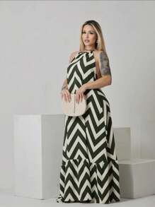 Long Zig Zag Striped Halter Dress. - Dark Green - View 3
