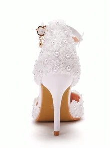 9cm weiße Spitzen-Hochzeitssandale mit Stilettoabsatz, Sandalen mit spitzer Zehenkappe, Schnallenverschluss, weiße Kunstperlen für Hochzeit, Braut, Abend und Party, elegante Absatzsandalen für Frauen, weiße Prinzessinnen Geburtstags-, Abschluss-, Prom- und Valentinstags-Highheels