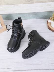 1 paire de bottes de couleur unie pour tout-petites filles, mi-mollet avec laçage et fermeture éclair à l'avant, bout rond, semelle TPR antidérapante, bottes de mode pour l'extérieur, convient aux bébés de 3 à 12 ans, nouveau pour l'automne/l'hiver, pour les vacances, le casual, les fêtes
