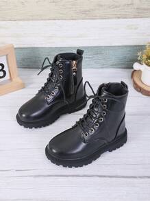 1 paire de bottes de couleur unie pour tout-petites filles, mi-mollet avec laçage et fermeture éclair à l'avant, bout rond, semelle TPR antidérapante, bottes de mode pour l'extérieur, convient aux bébés de 3 à 12 ans, nouveau pour l'automne/l'hiver, pour les vacances, le casual, les fêtes