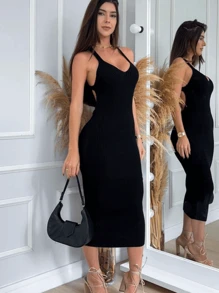 CROSS BACK MIDI DRESS IN MODAL KNIT - Black - View 2