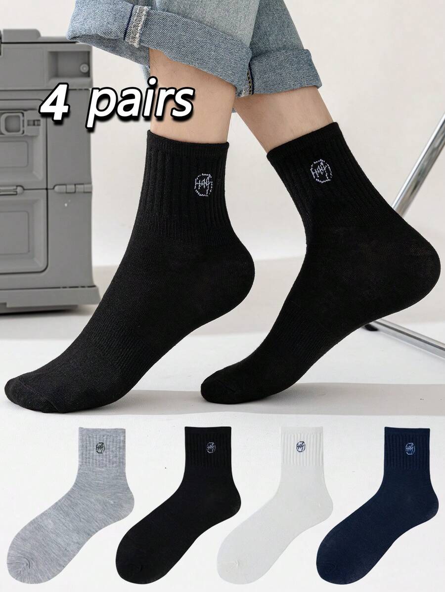 4 paires de chaussettes longues pour hommes, convenant à toutes les saisons. Chaussettes longues noires convenant à l'automne et à l'hiver, chaussettes blanches, chaussettes décorées de lettres, convenant à toutes les saisons, confortables, respirantes, absorbant l'humidité, pour le sport, les affaires, les loisirs et les voyages extérieurs - Multicolore - Voir 1